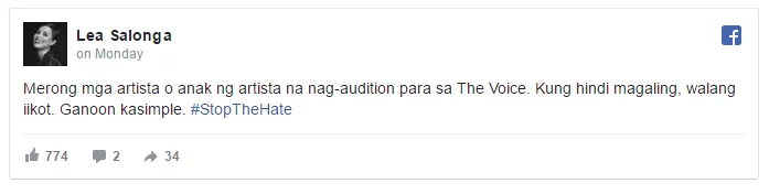 Lea Salonga defends Rois Vinzon's daughter Lala against bashers Lea Salonga defends Rois Vinzon's daughter Lala against bashers