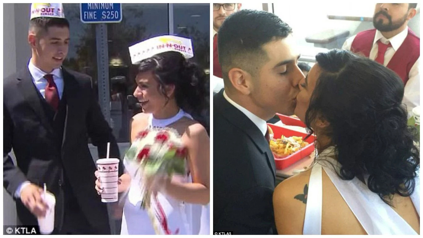 Newlyweds celebrate their marriage with burgers and fries in fast food restaurant (photos)