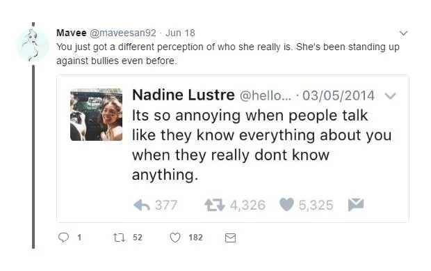 Nadine Lustre twitted “talk shxt about my friends.. Ill shut you all down”. Who do you think she’s referring to? Nadine Lustre twitted “talk shxt about my friends.. Ill shut you all down”. Who do you think she’s referring to?