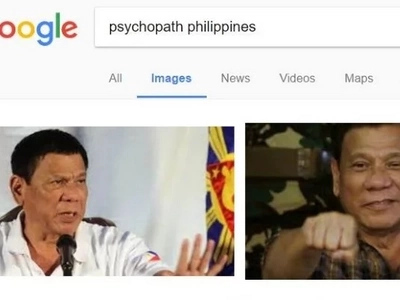Typing "psychopath Philippines" in Google Search shows Rodrigo Duterte's articles and images.