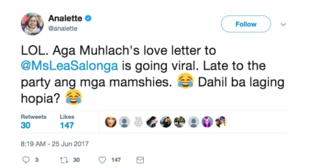 ‘She’s the one that got away and she never knew’. Aga Muhlach on Lea Salonga in 2013 viral ‘love letter’ ‘She’s the one that got away and she never knew’. Aga Muhlach on Lea Salonga in 2013 viral ‘love letter’