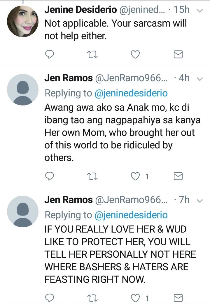 "Nuknukan ng tigas ng ulo." Jenine Desiderio to daughter Janella via Twitter "Nuknukan ng tigas ng ulo." Jenine Desiderio to daughter Janella via Twitter