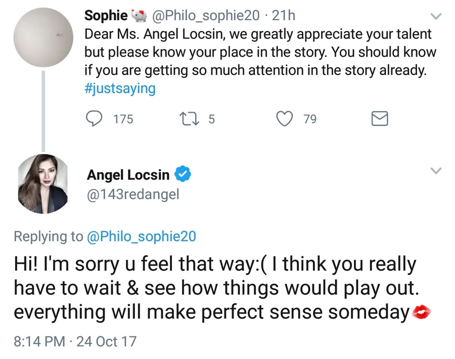 Angel Locsin tells netizen to wait for how the story unfolds Angel Locsin tells netizen to wait for how the story unfolds