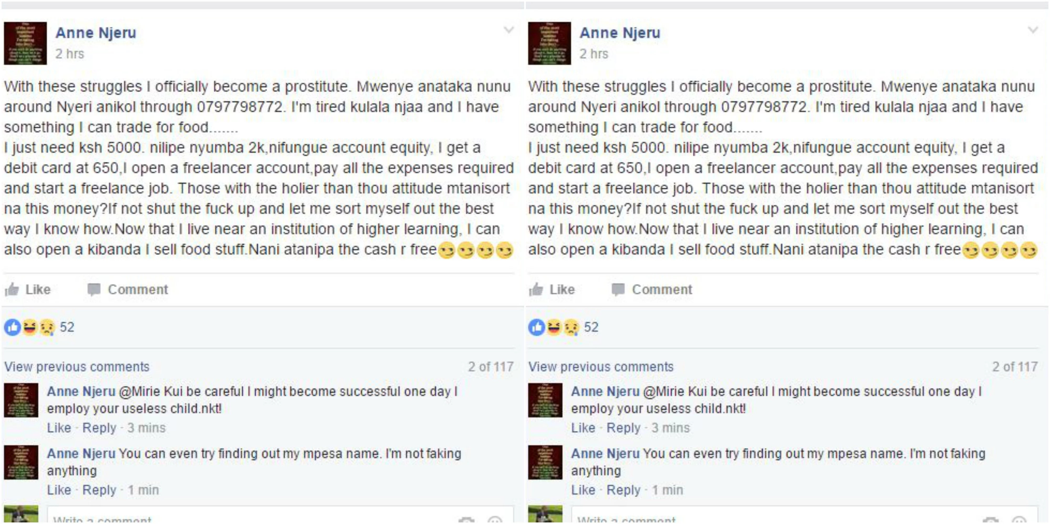 Hungry and desperate; Kenyan girl posts a very sad update on Facebook