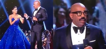 Pia Wurtzbach draws laughter seconds before Miss Universe announcement as she interrupts Steve Harvey on stage