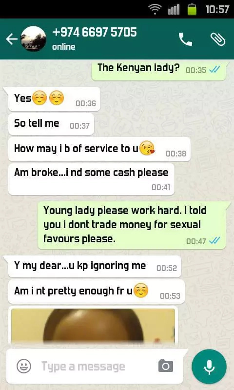 Kenyan airhostess exposed begging for sex and money from a client