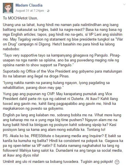 Madam Claudia responds to Mocha Uson's post vs. VP Leni Madam Claudia responds to Mocha Uson's post vs. VP Leni
