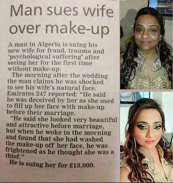 Man takes wife to court after seeing her without make-up for the first time