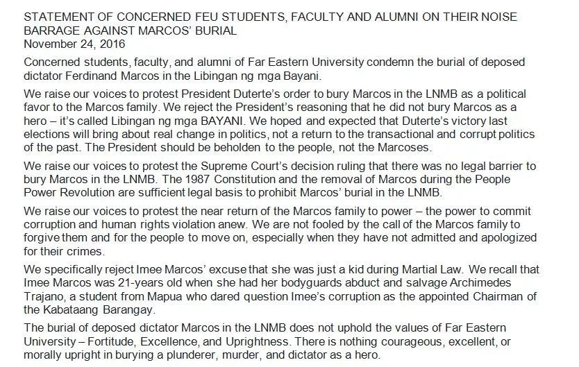 FEU Tamaraws Against Marcos group spearheads noise barrage condemning Marcos burial FEU Tamaraws Against Marcos group spearheads noise barrage condemning Marcos burial