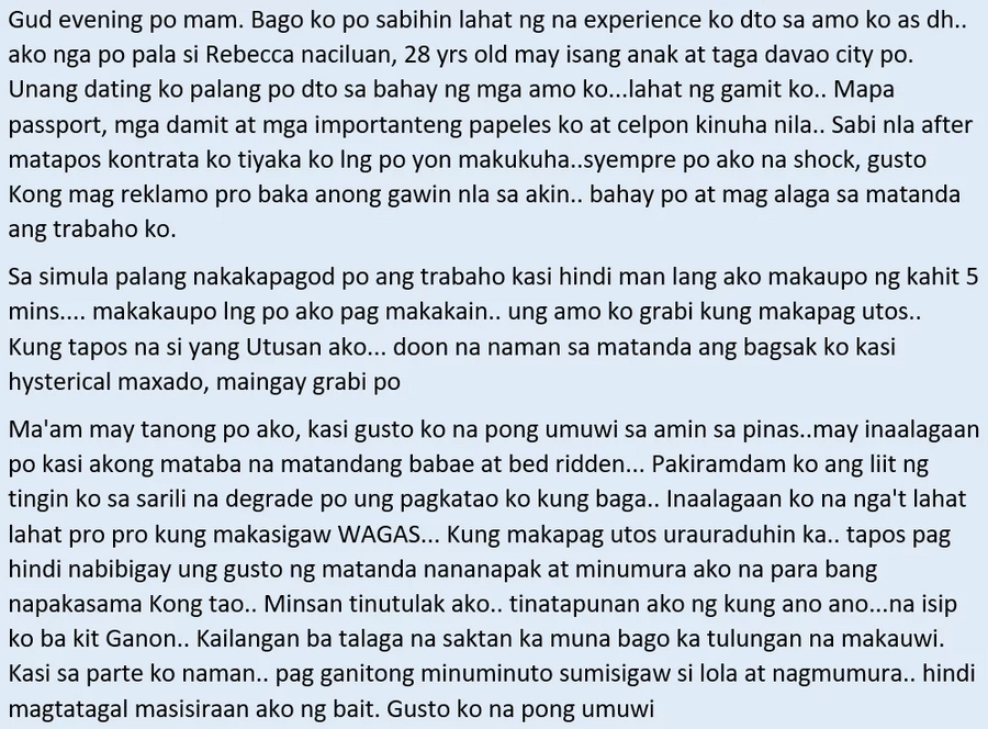Hindi na kaya ni kabayan! An OFW in Jeddah who's suffering from alleged maltreatment seeks help so she could return to the Philippines Hindi na kaya ni kabayan! An OFW in Jeddah who's suffering from alleged maltreatment seeks help so she could return to the Philippines