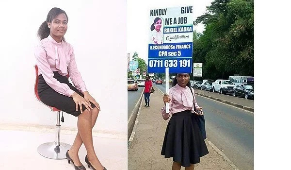 Beautiful lady who looked for a job using a placard finally lands one (video)