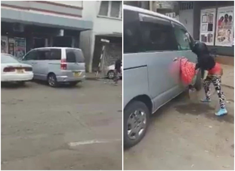 Half-dressed Nairobi woman loses it, smashes clients car in broad day light (photos)