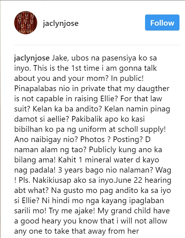 “Jake, ubos na pasensiya ko sa inyo." Jaclyn Jose lambasts Jake Ejercito, Laarni Enriquez on Instagram “Jake, ubos na pasensiya ko sa inyo." Jaclyn Jose lambasts Jake Ejercito, Laarni Enriquez on Instagram