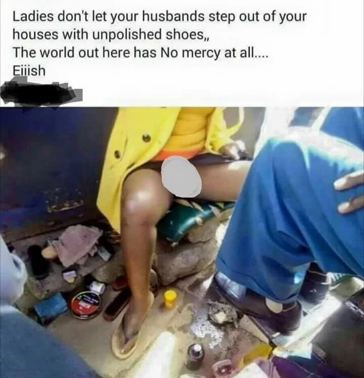 Female shoe shiner exposes her inner wear, men want to know her work station
