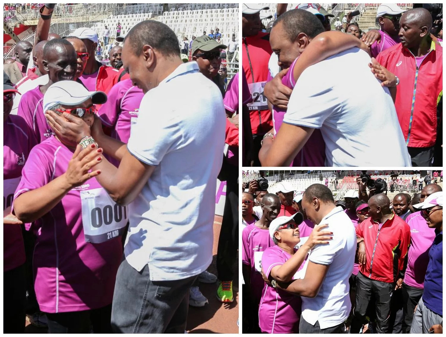 Uhuru Kenyatta hugs his wife Margaret after marathon