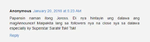 Papansin lang daw? Joross Gamboa made a fearless forecast for Sarah Geronimo and Matteo Guidicelli Papansin lang daw? Joross Gamboa made a fearless forecast for Sarah Geronimo and Matteo Guidicelli
