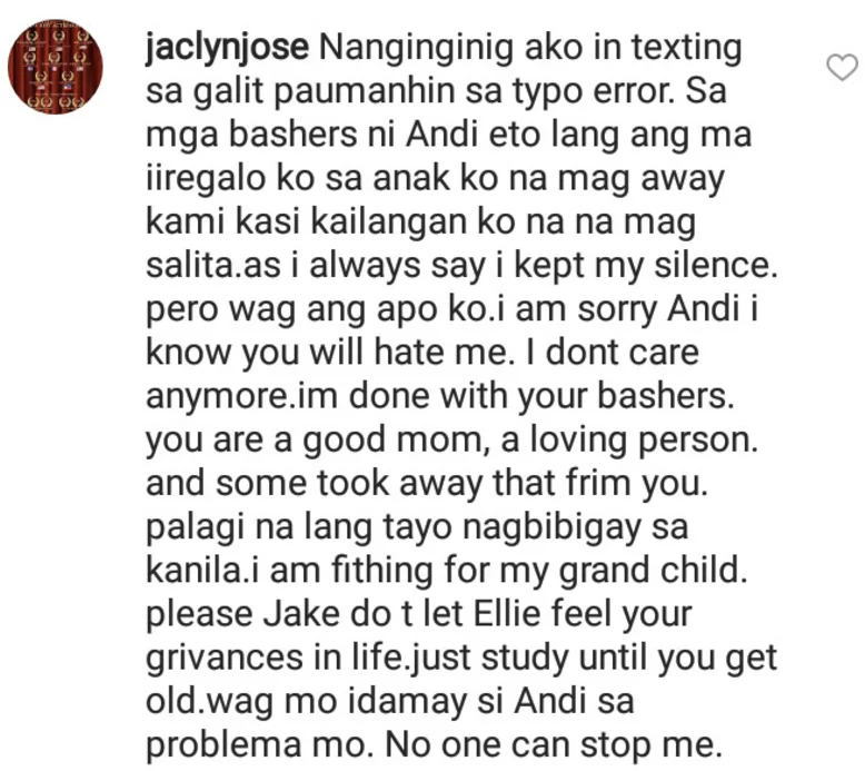 “Jake, ubos na pasensiya ko sa inyo." Jaclyn Jose lambasts Jake Ejercito, Laarni Enriquez on Instagram “Jake, ubos na pasensiya ko sa inyo." Jaclyn Jose lambasts Jake Ejercito, Laarni Enriquez on Instagram
