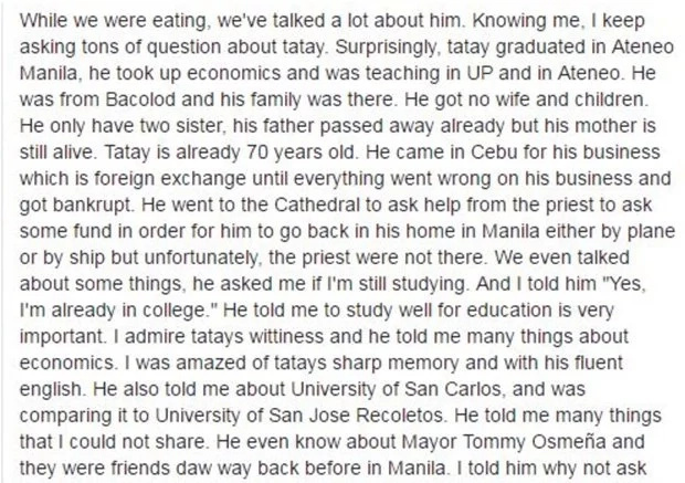 Student gives food to old man who speaks good English Student gives food to old man who speaks good English