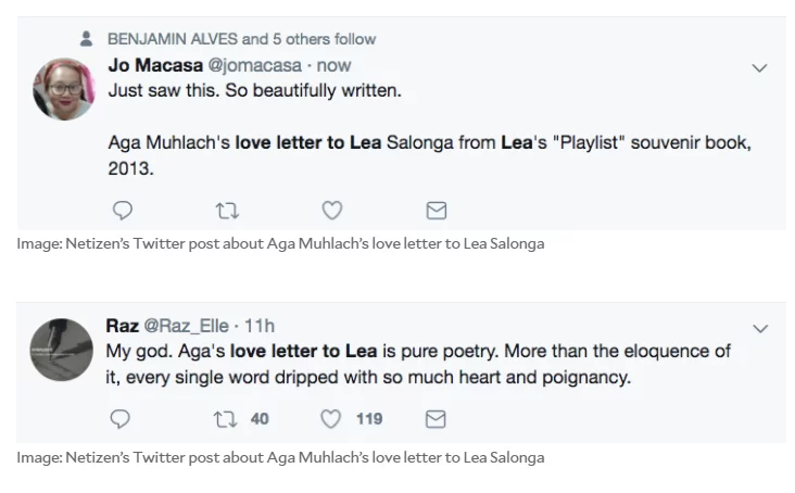 ‘She’s the one that got away and she never knew’. Aga Muhlach on Lea Salonga in 2013 viral ‘love letter’ ‘She’s the one that got away and she never knew’. Aga Muhlach on Lea Salonga in 2013 viral ‘love letter’