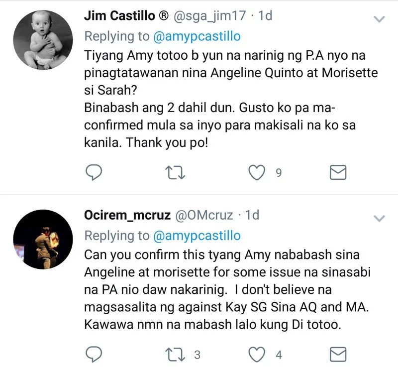 Amy Perez nilinaw ang pangalan sa masalimuot na isyu nina Sarah G, Angeline Q at Morissette A Amy Perez nilinaw ang pangalan sa masalimuot na isyu nina Sarah G, Angeline Q at Morissette A
