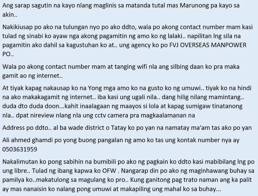 Hindi na kaya ni kabayan! An OFW in Jeddah who's suffering from alleged maltreatment seeks help so she could return to the Philippines Hindi na kaya ni kabayan! An OFW in Jeddah who's suffering from alleged maltreatment seeks help so she could return to the Philippines