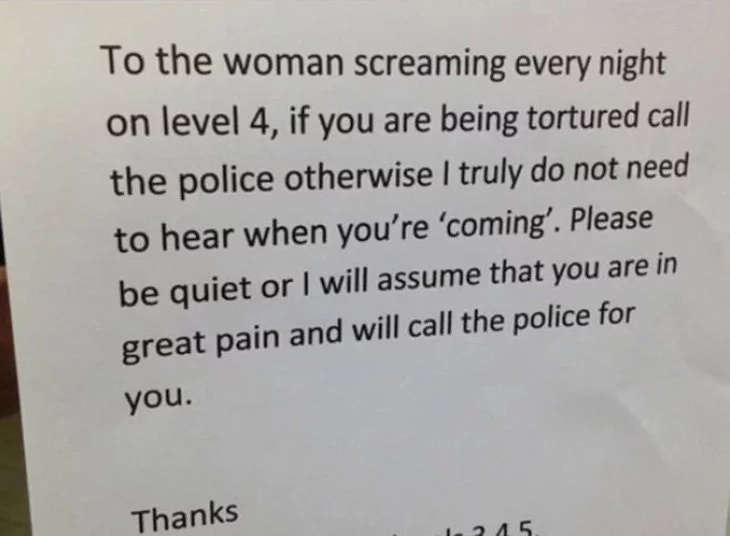 Hilarious notes sent to couples who made noise when doing IT Hilarious notes sent to couples who made noise when doing IT