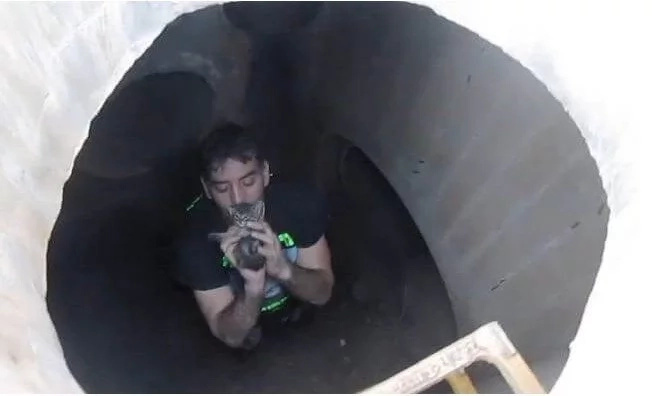 Heroic man jumps in storm drain to save poor kitten Heroic man jumps in storm drain to save poor kitten