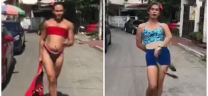 Two bekis walk the streets in heels mimicking Miss Universe's swimsuit competition