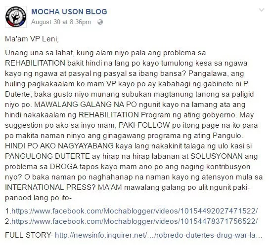 Mocha Uson responds to VP Leni on drug rehabilitation Mocha Uson responds to VP Leni on drug rehabilitation