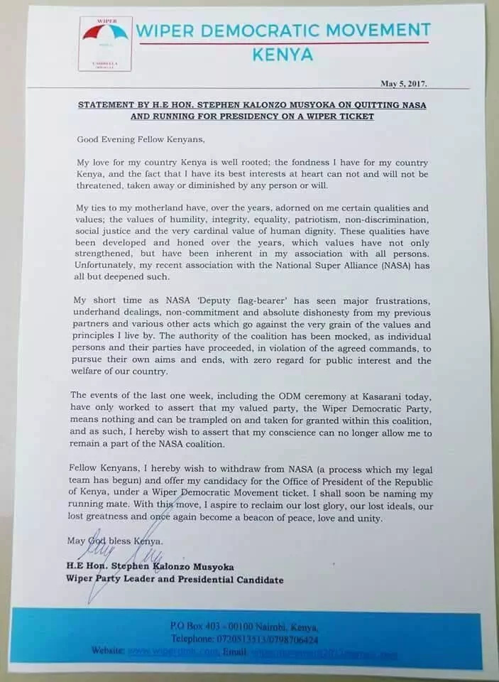 FAKE Kalonzo Musyoka 's resignation letter from NASA cause an online stir