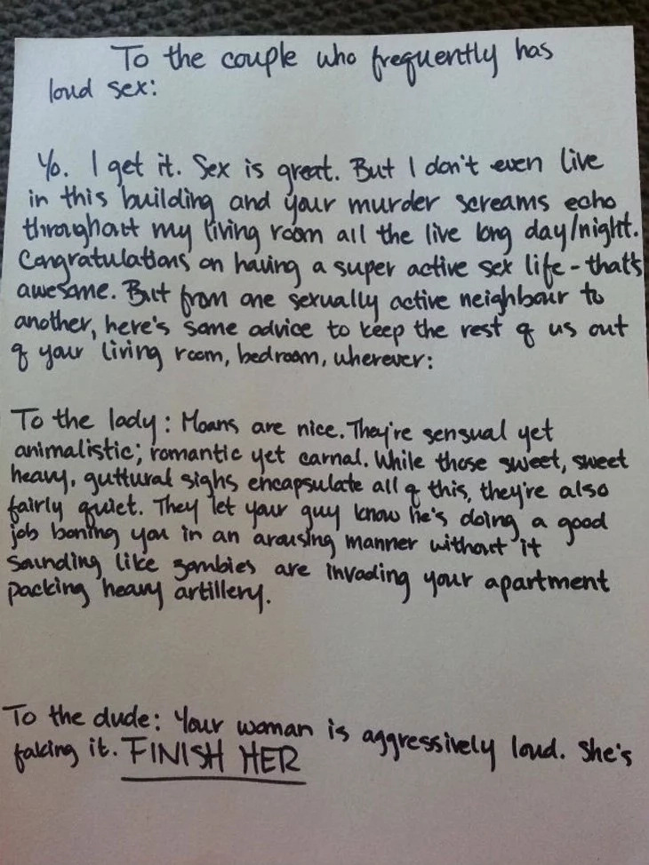 Hilarious notes sent to couples who made noise when doing IT Hilarious notes sent to couples who made noise when doing IT