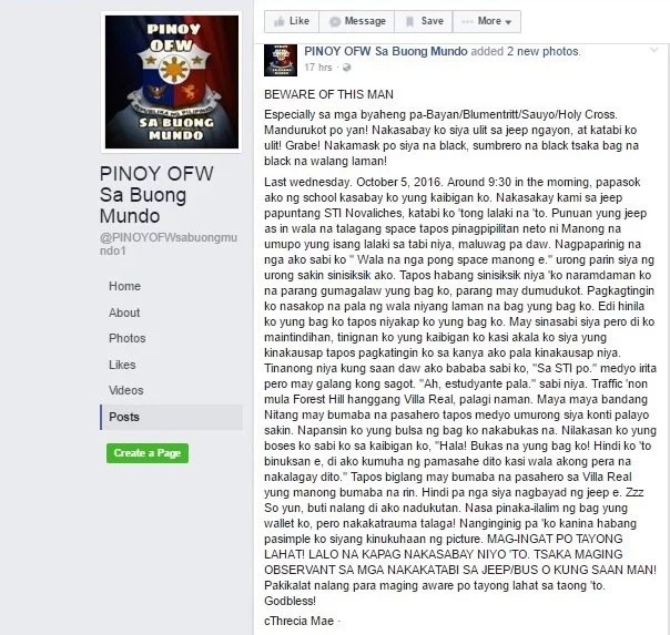 Netizen warns against thief in Manila jeepney Netizen warns against thief in Manila jeepney