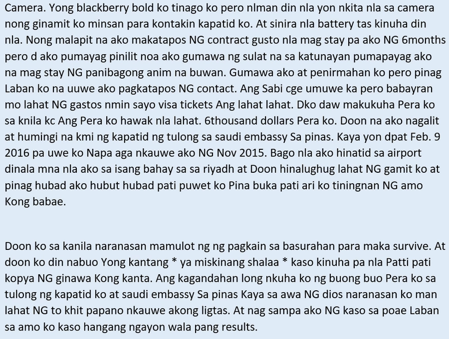 Walang katapusang pagtitiis! Mga kuwento ng hirap at sakit ng isang OFW sa Middle East Walang katapusang pagtitiis! Mga kuwento ng hirap at sakit ng isang OFW sa Middle East