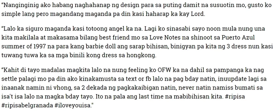 "Ito na pala ang last time na mabibihisan kita". Bianca Lapuz on preparing Isabel Granada's dress for her funeral "Ito na pala ang last time na mabibihisan kita". Bianca Lapuz on preparing Isabel Granada's dress for her funeral