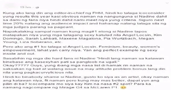 A netizen bashed Nadine Lustre saying that she does not deserve the #1 Spot on FHM’s poll A netizen bashed Nadine Lustre saying that she does not deserve the #1 Spot on FHM’s poll