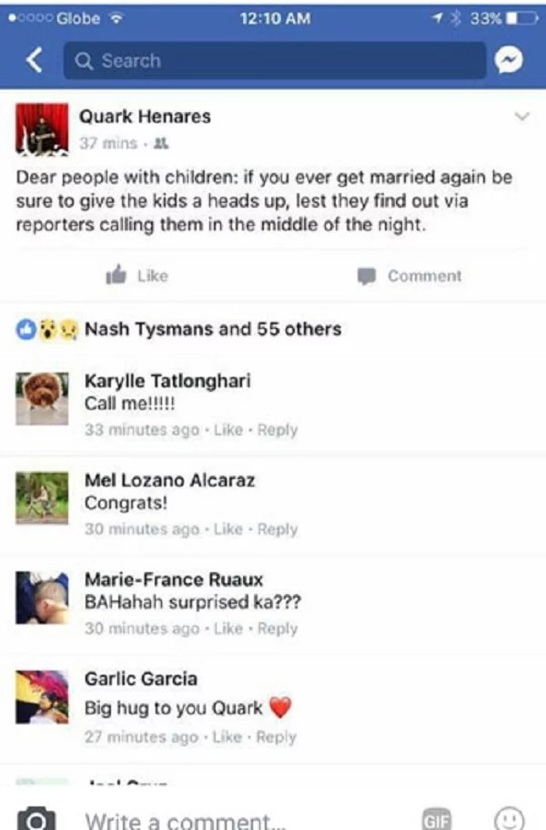 Quark Heneras clueless about civil wedding of mom Vicki Belo and Hayden Kho, Jr., posts cryptic message on Facebook Quark Heneras clueless about civil wedding of mom Vicki Belo and Hayden Kho, Jr., posts cryptic message on Facebook
