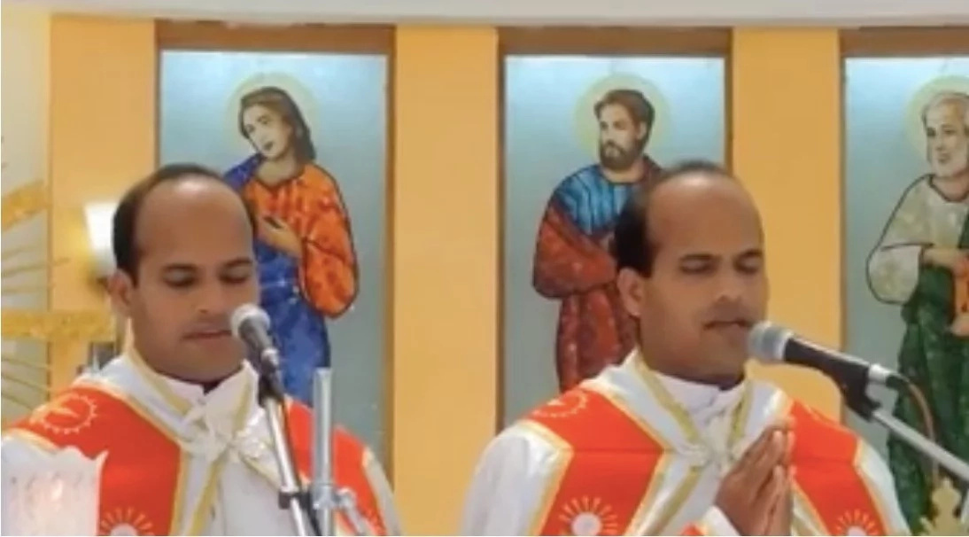 Twin brides marry twin grooms in wedding with twin priests and twin flower girls Twin brides marry twin grooms in wedding with twin priests and twin flower girls