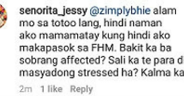 Jessy Mendiola to basher: "Hindi ako mamamatay kung hindi ako makapasok sa FHM." Jessy Mendiola to basher: "Hindi ako mamamatay kung hindi ako makapasok sa FHM."