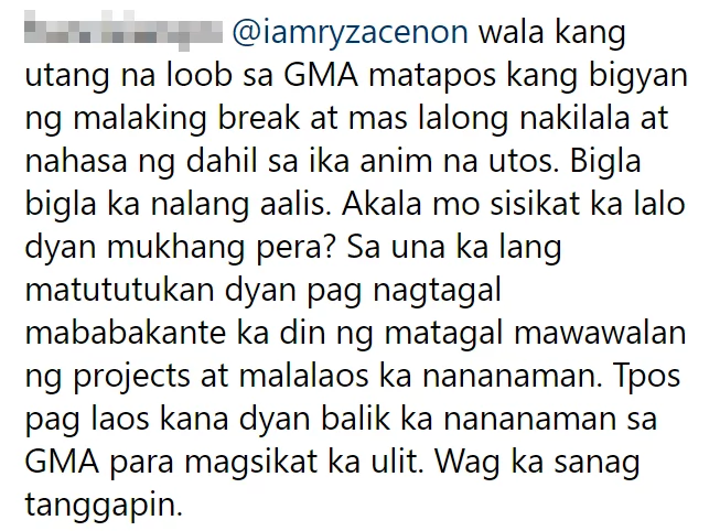 Wala raw utang na loob? Ryza Cenon gets bashed for transferring to Kapamilya network Wala raw utang na loob? Ryza Cenon gets bashed for transferring to Kapamilya network