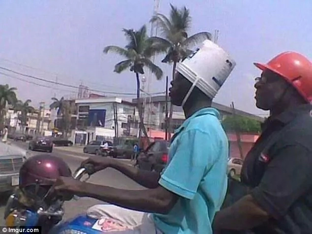 Now, how does that container replace a proper helmet? Photo: Imgur.com