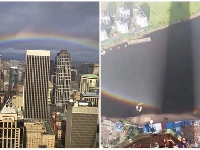 Crane operator's captured photos from above reveal what a rainbow looks like up close!