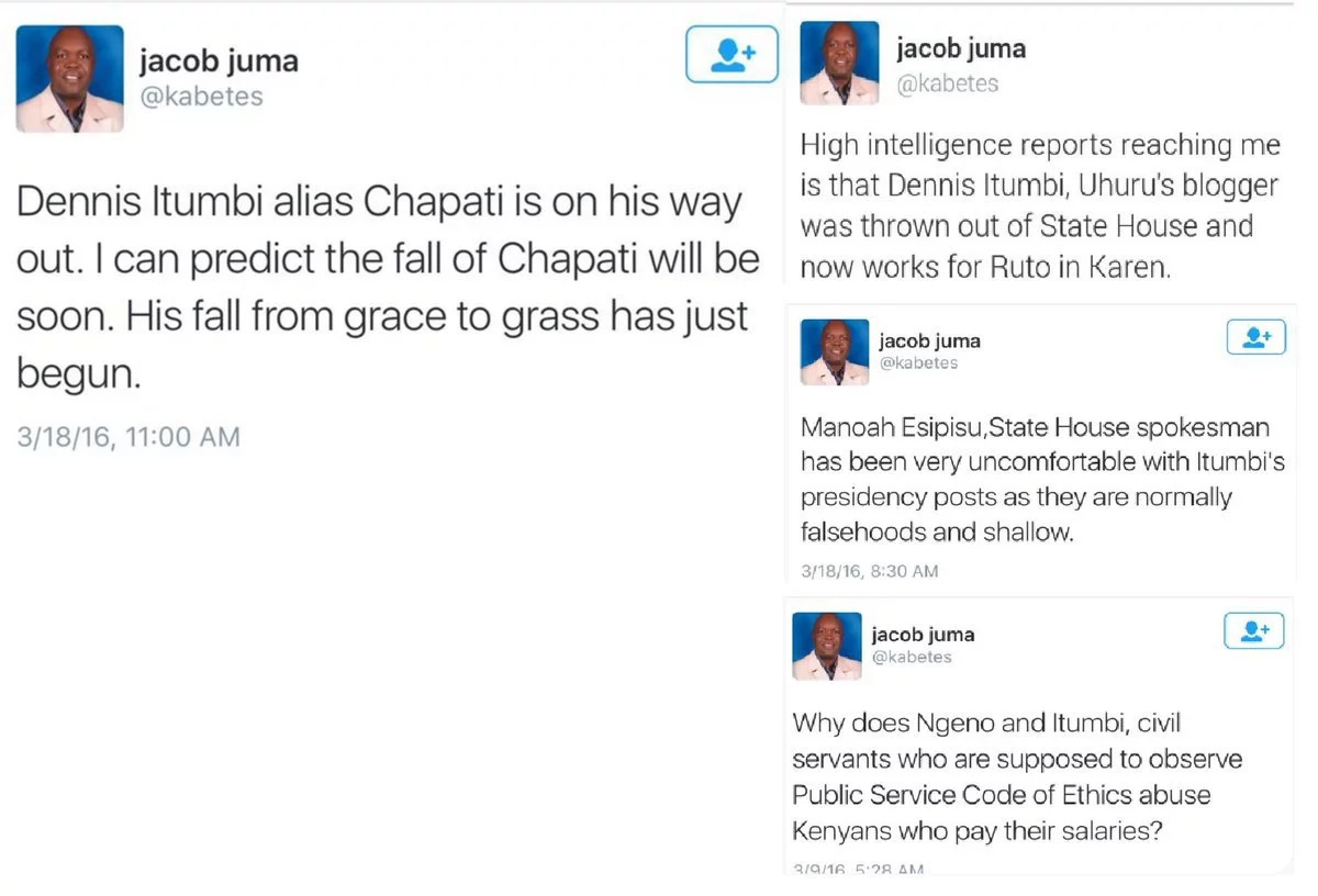 Jacob Juma tweeted about Dennis Itumbi's imminent sacking