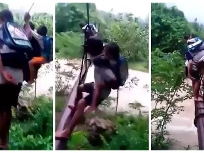 LOOK: Father and Son Cross Water Pipe Just to Go to the School