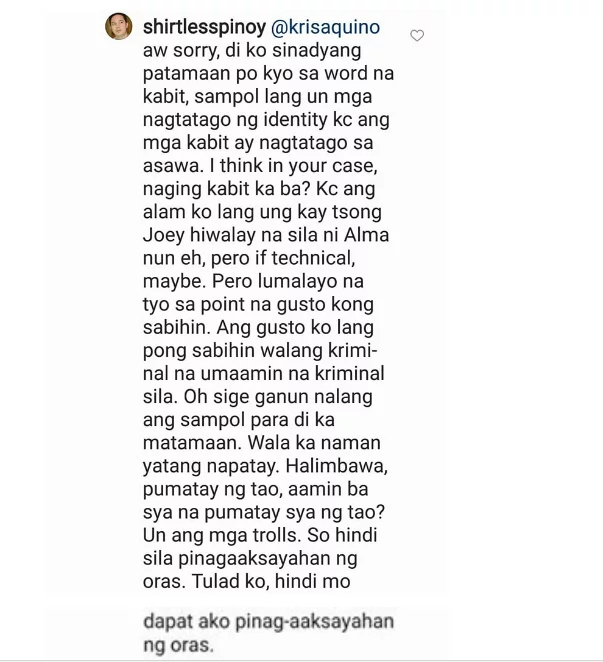 Bumwelta sa basher! Kris Aquino lashes out at a netizen for slut-shaming her Bumwelta sa basher! Kris Aquino lashes out at a netizen for slut-shaming her