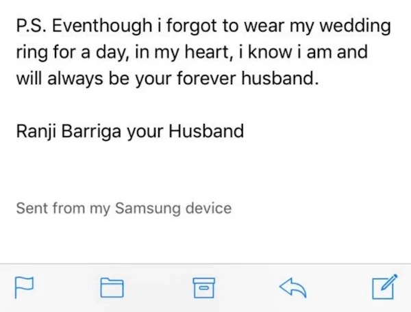 Wife sends a hysterical email to her husband who forgot his wedding ring Wife sends a hysterical email to her husband who forgot his wedding ring