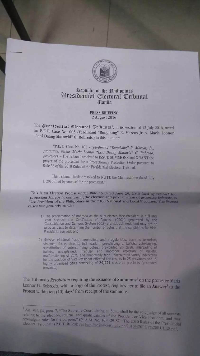 Marcos' prayer for PPO, granted; Robredo summoned by PET Marcos' prayer for PPO, granted; Robredo summoned by PET