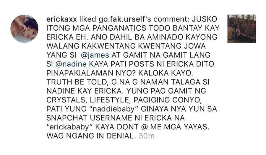 James Reid’s ex-GF Ericka Villongco likes comment about Nadine Lustre trying to copy her James Reid’s ex-GF Ericka Villongco likes comment about Nadine Lustre trying to copy her
