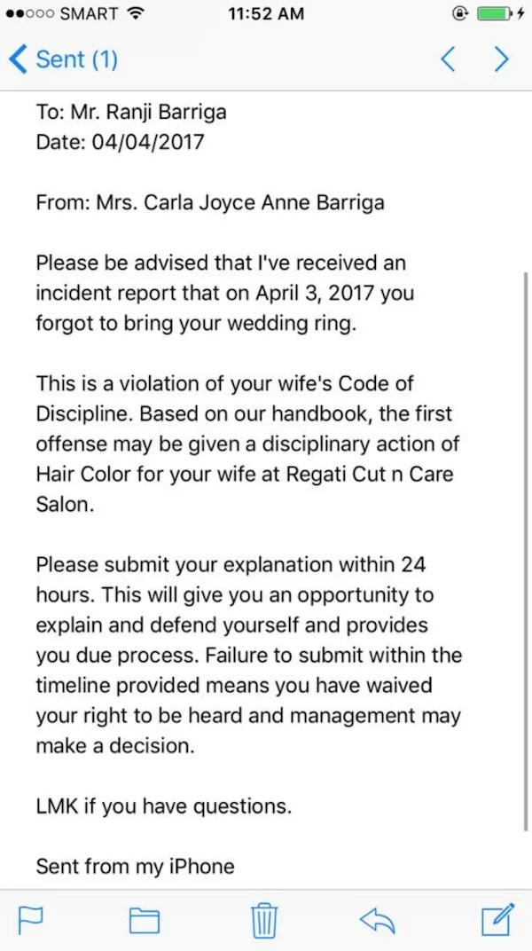 Wife sends a hysterical email to her husband who forgot his wedding ring Wife sends a hysterical email to her husband who forgot his wedding ring