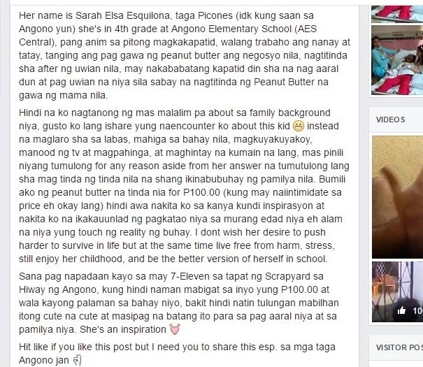 Netizen shares inspiring story of young Pinay who sells peanut butter Netizen shares inspiring story of young Pinay who sells peanut butter