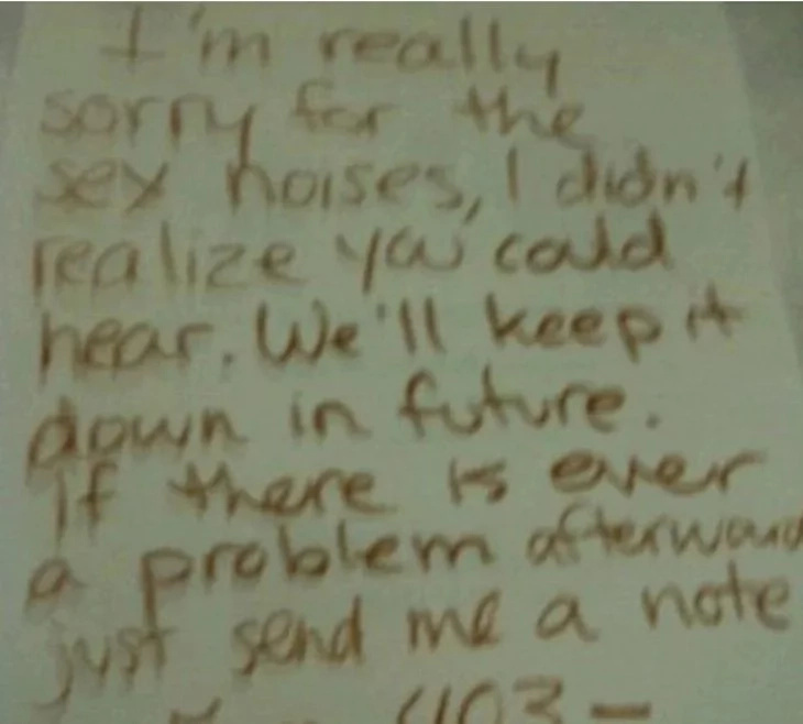 Hilarious notes sent to couples who made noise when doing IT Hilarious notes sent to couples who made noise when doing IT